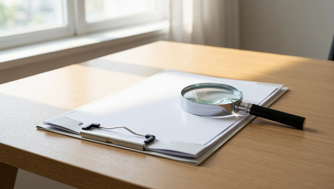 Organized manila folders and a magnifying glass on a desk