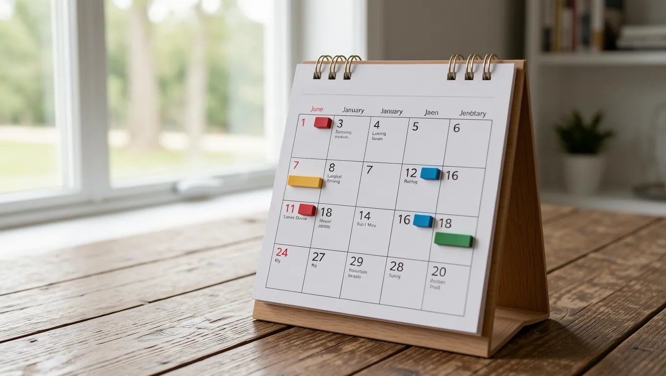 A seasonal calendar on a wooden table illustrating income fluctuations
