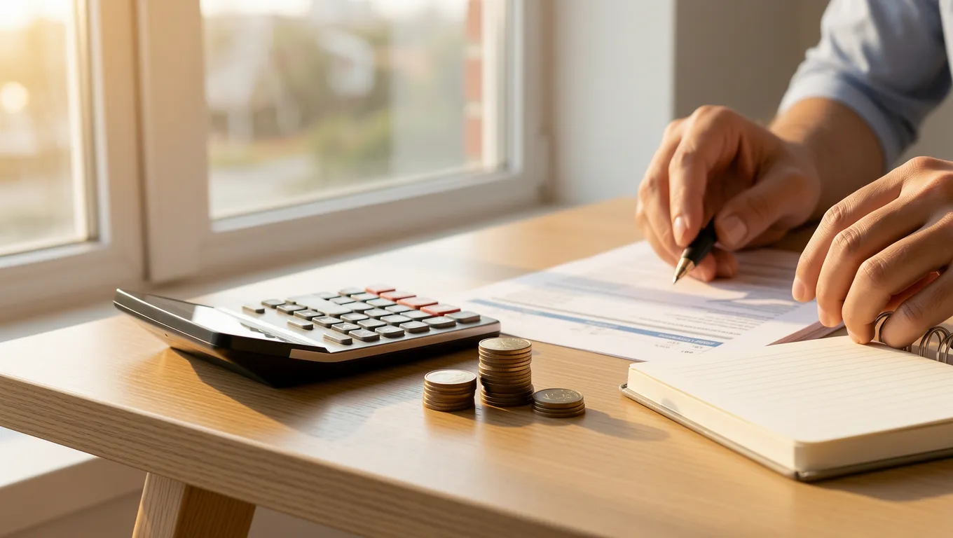 A person organizing budget documents and calculating seasonal expenses