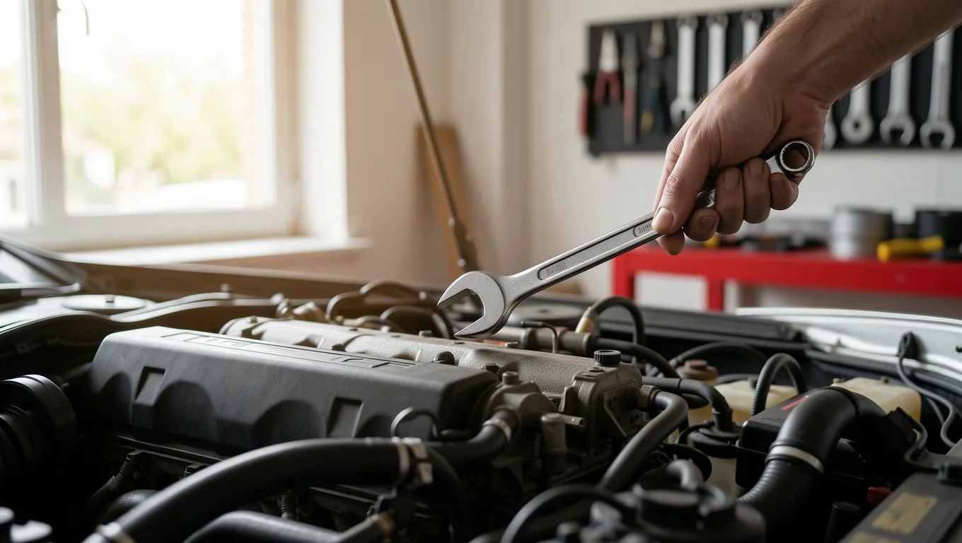 Mechanic working on a car engine in a bright garage