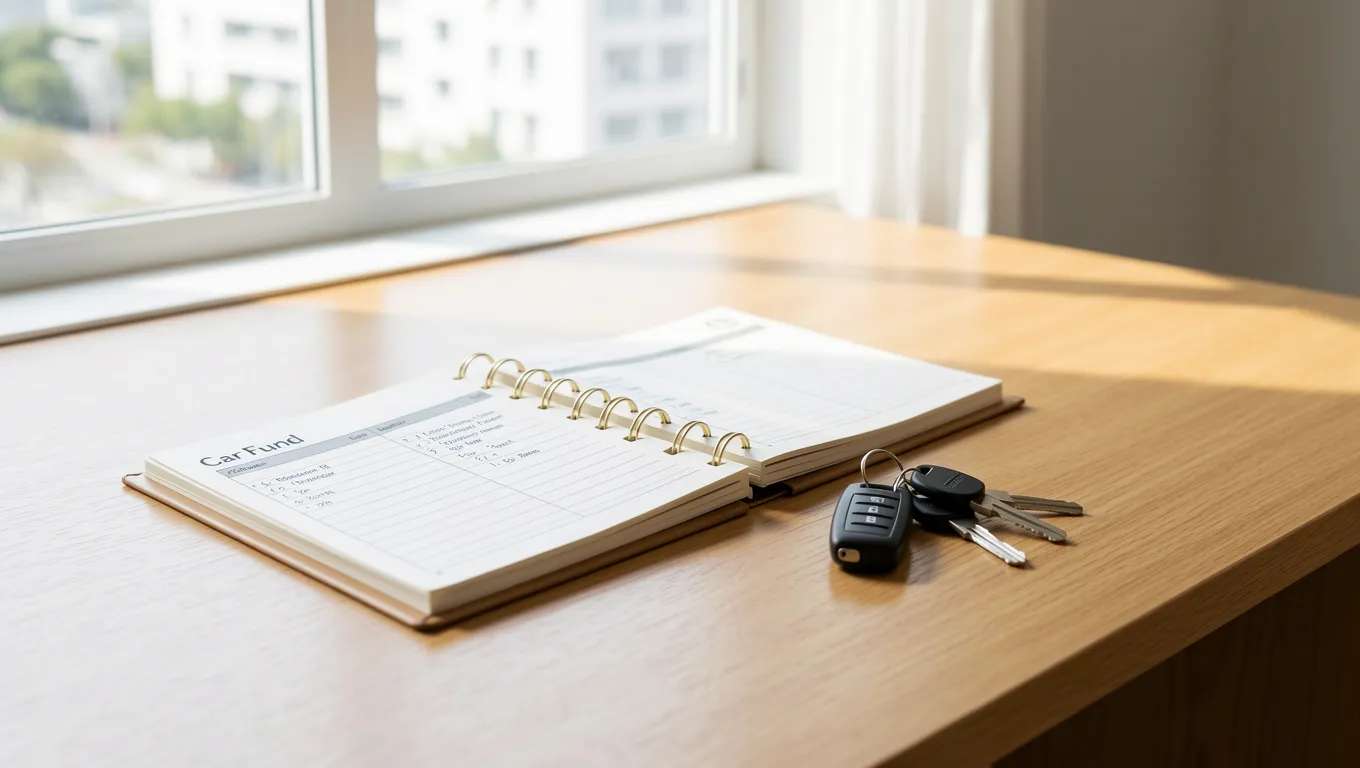 Car maintenance savings plan on a wooden desk