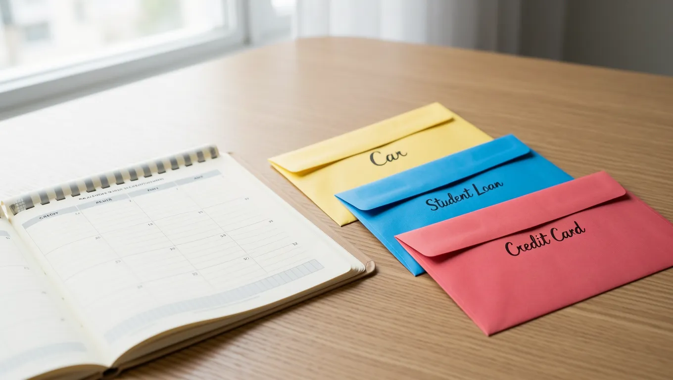 A physical debt tracking planner with various labeled envelopes on a desk