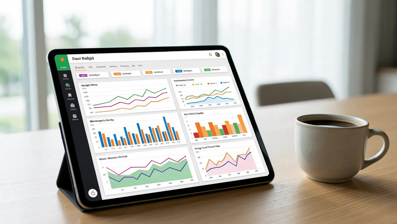 A digital budgeting dashboard displaying financial growth charts on a tablet