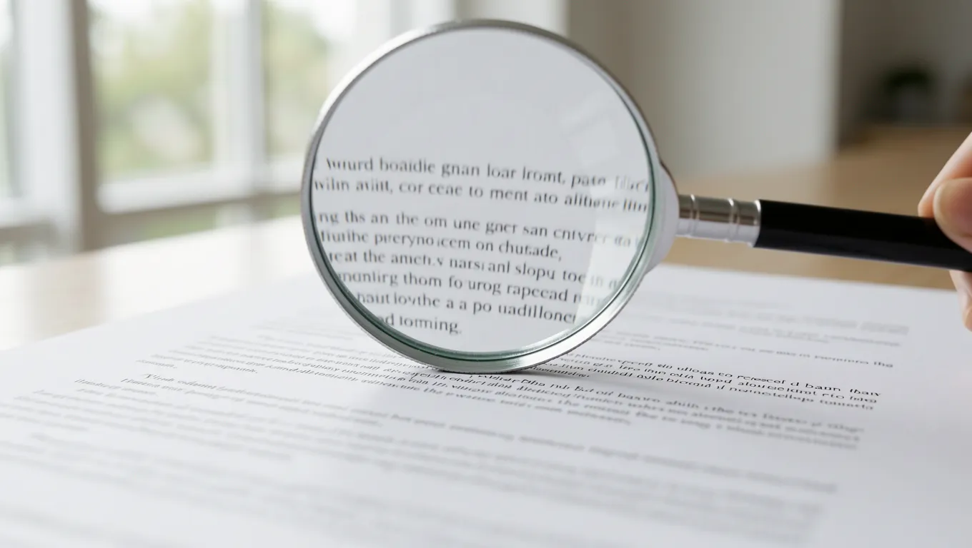 Magnifying glass hovering over fine print in a legal loan agreement