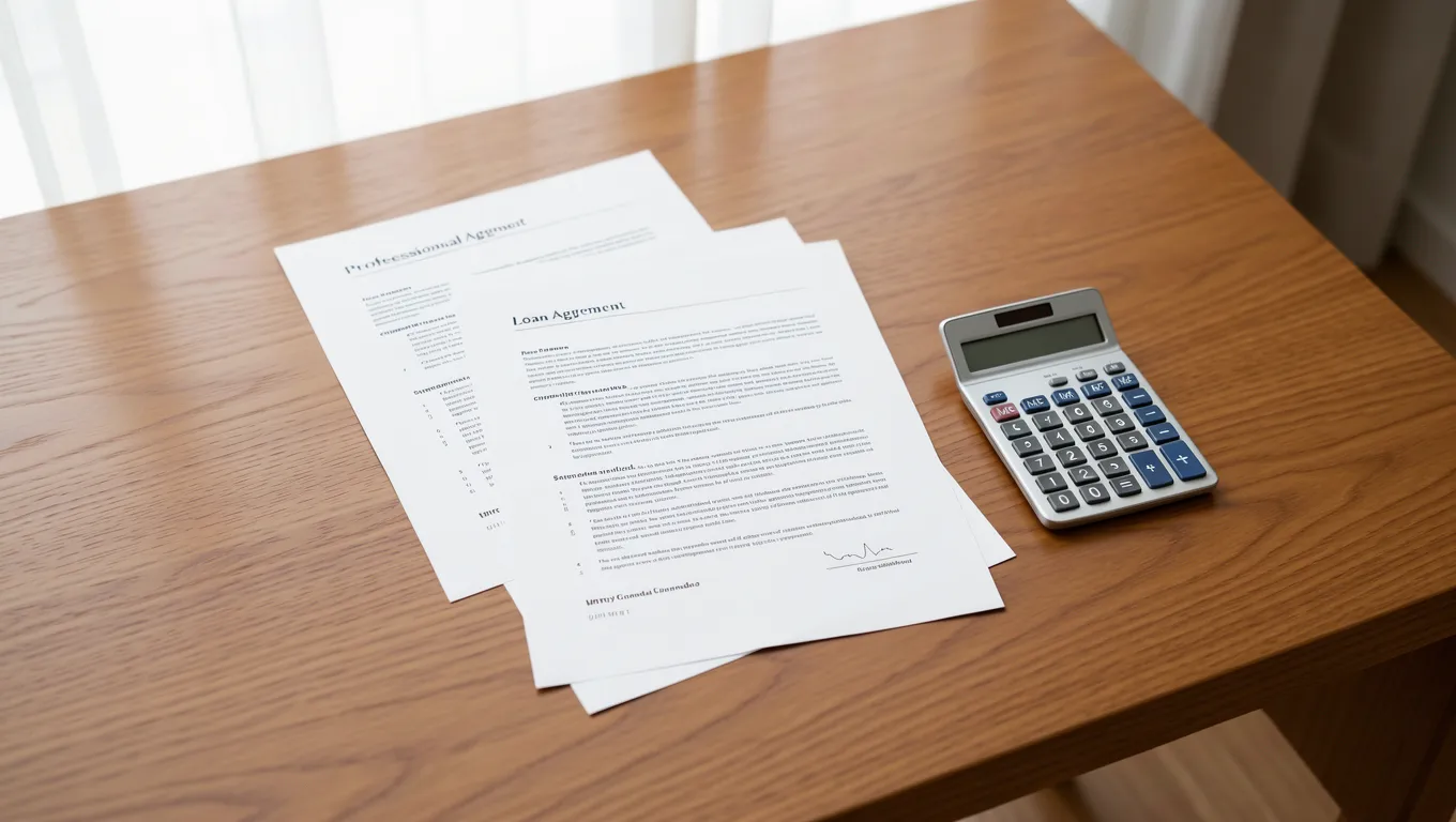 Loan documents and a calculator laid out on a wooden office desk