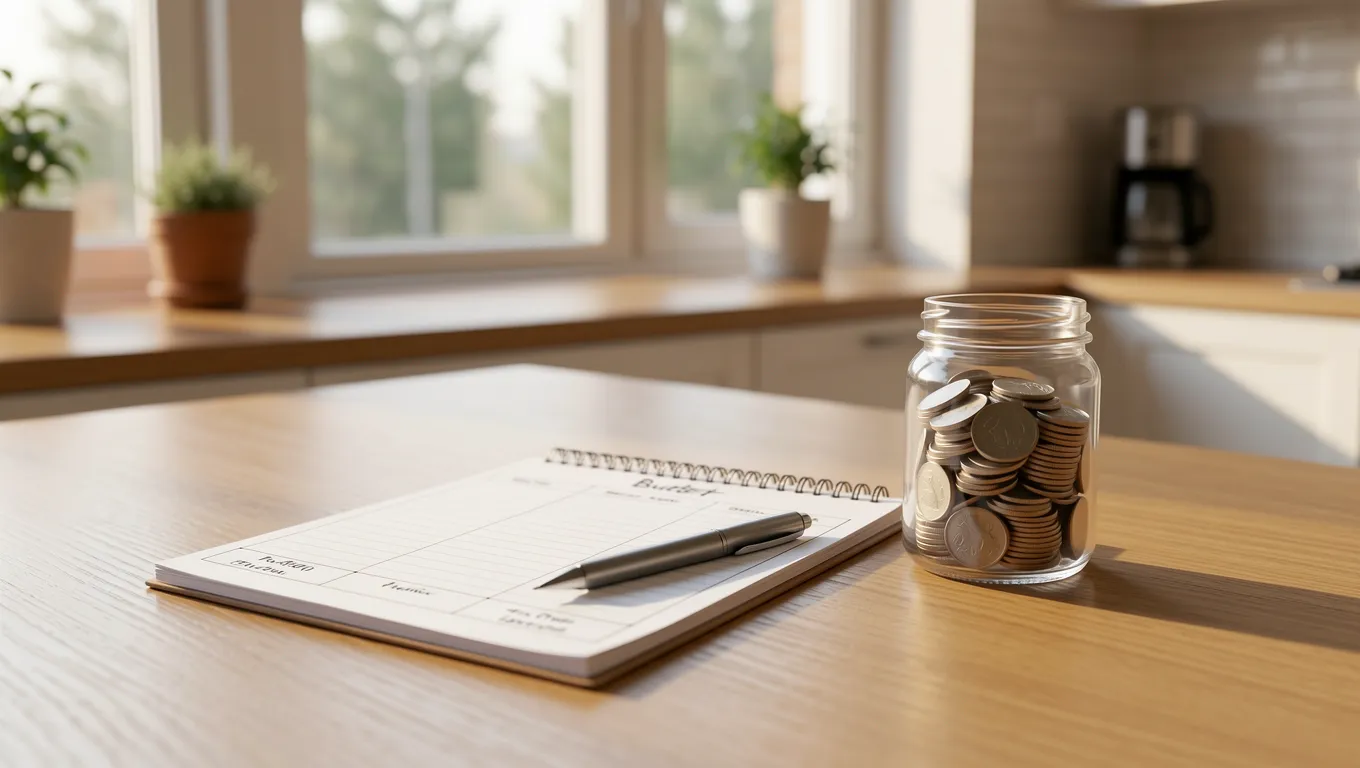 Handwritten budget planner on a wooden kitchen table in soft sunlight