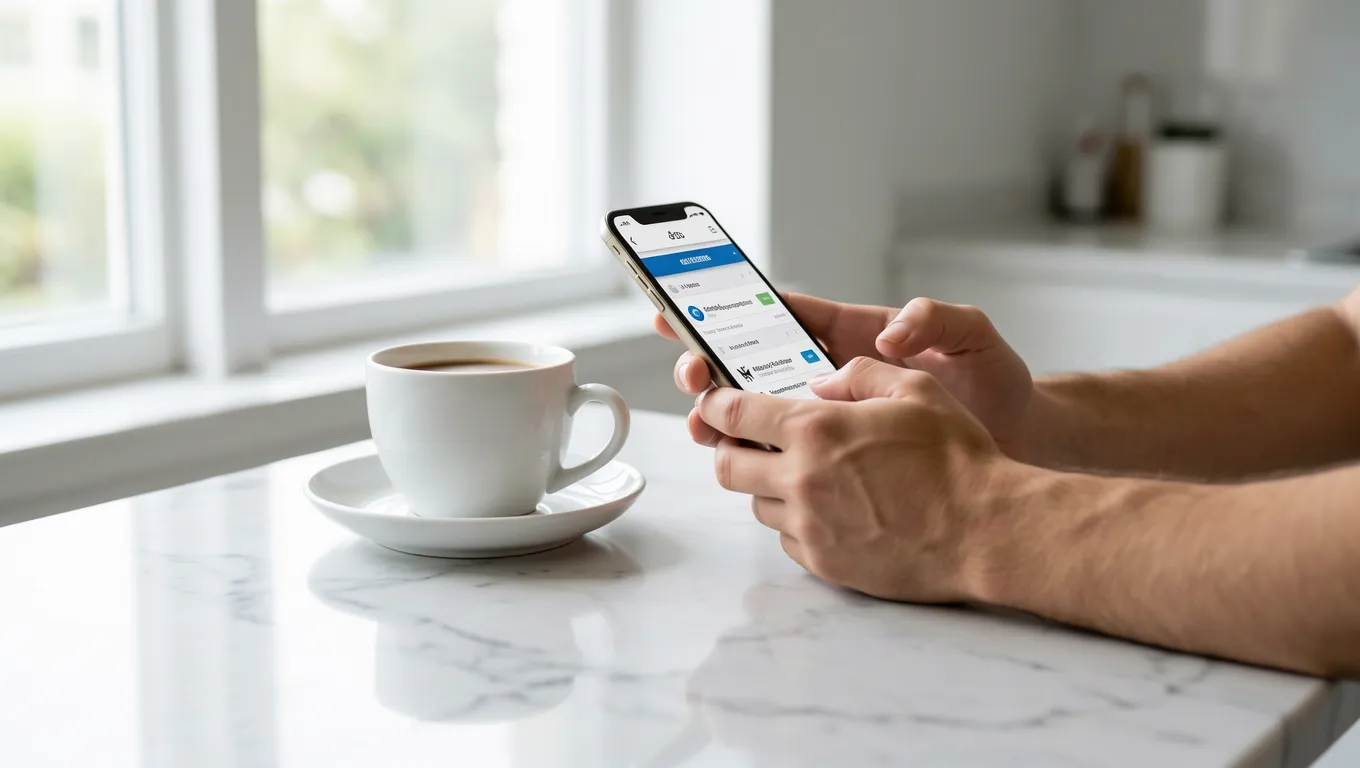 Hands using a mobile phone for banking near a coffee cup