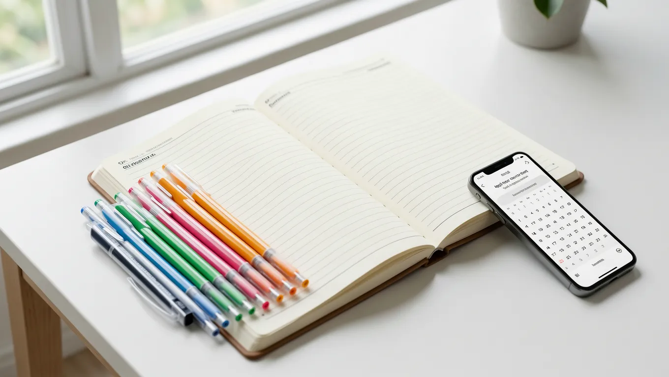 Organized planner and phone used for tracking important financial deadlines