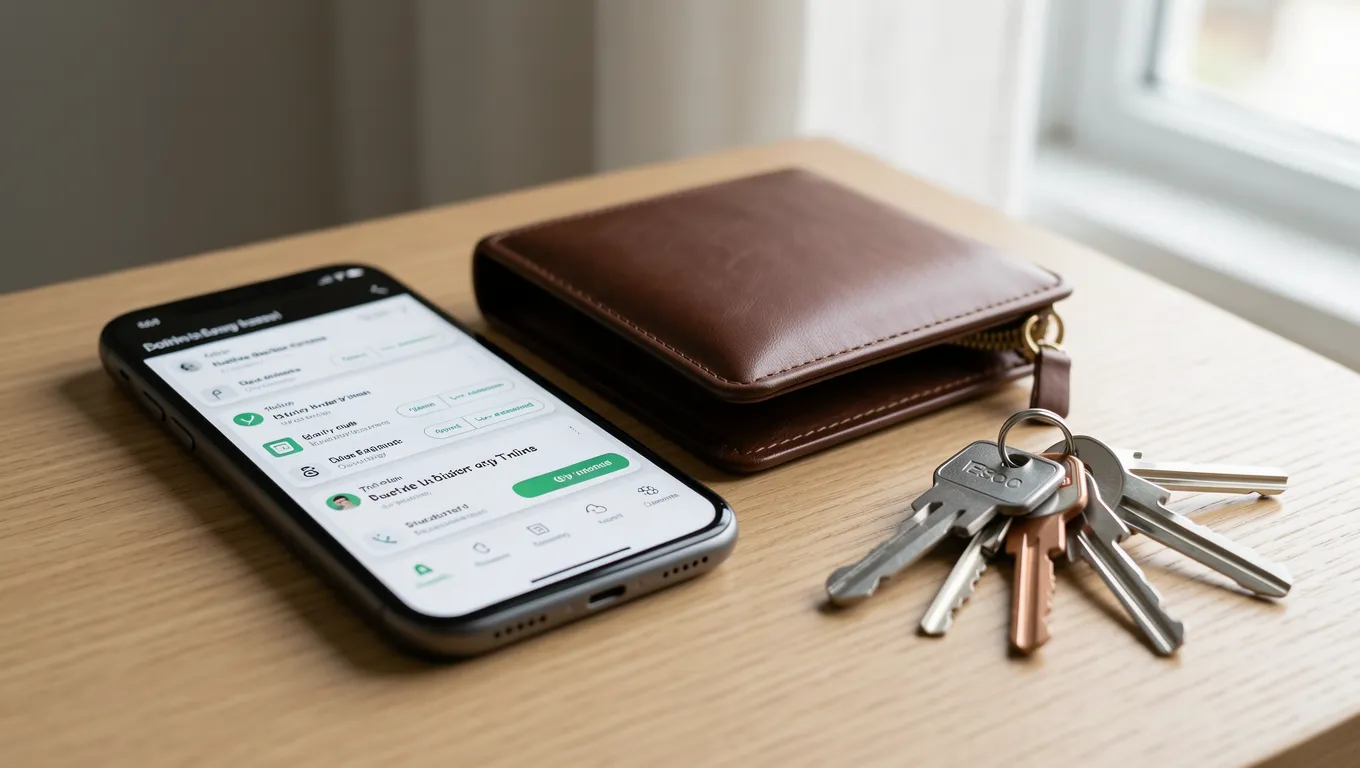 Smartphone showing a banking app near a wallet and keys