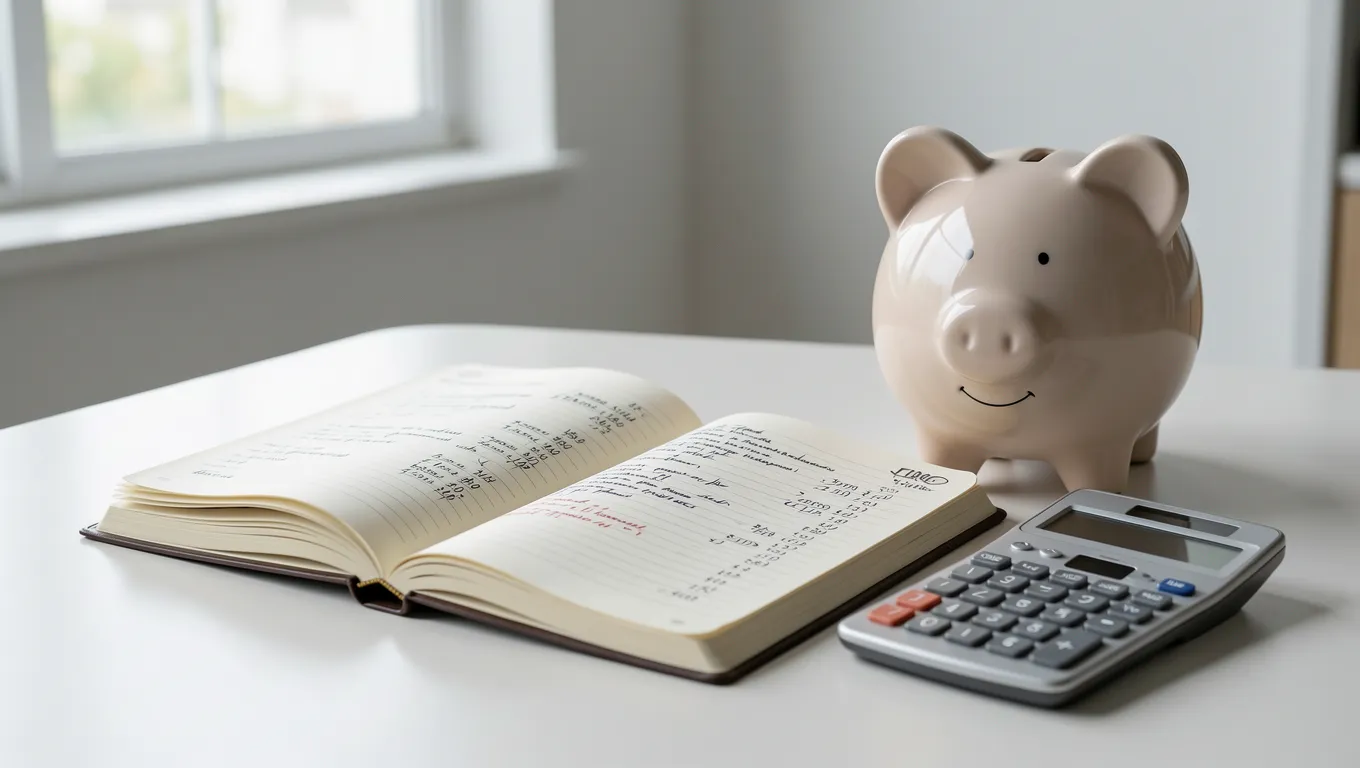 Financial ledger next to a piggy bank and calculator