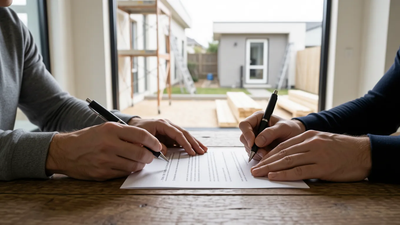 Hands signing a personal loan agreement on a wooden desk