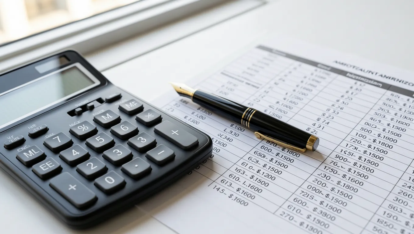 Financial calculator and loan amortization schedule showing interest savings