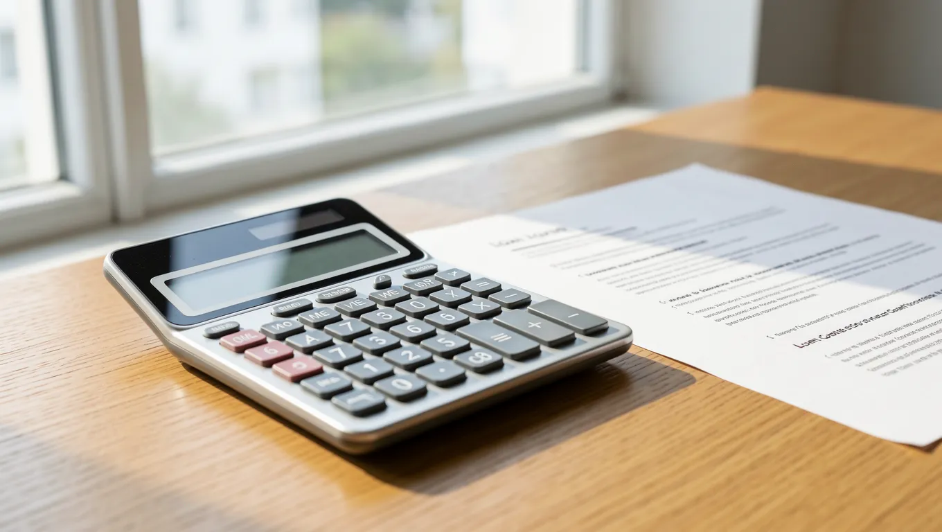 Financial calculator and loan paperwork on a sunlit wooden table