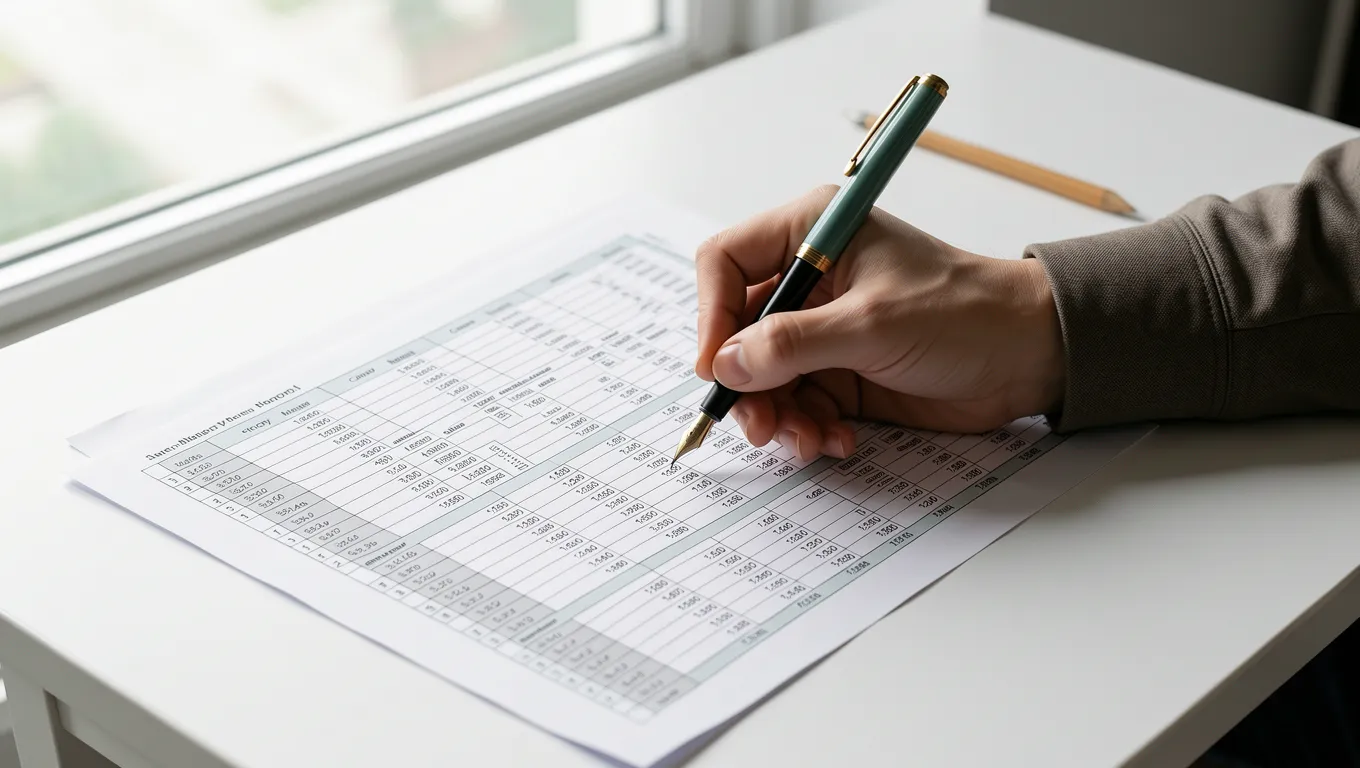 Person reviewing a detailed financial spreadsheet with a pen