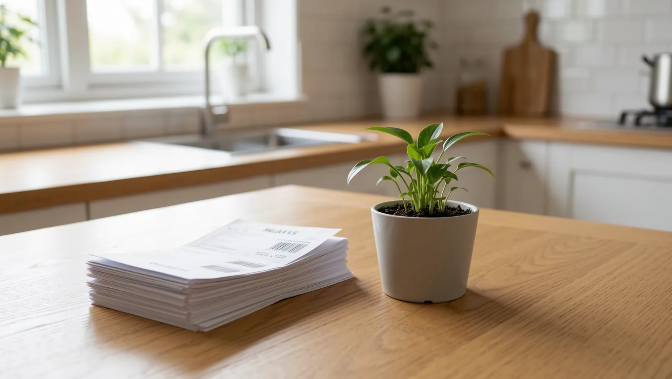 Grocery receipts and a growing plant representing savings growth