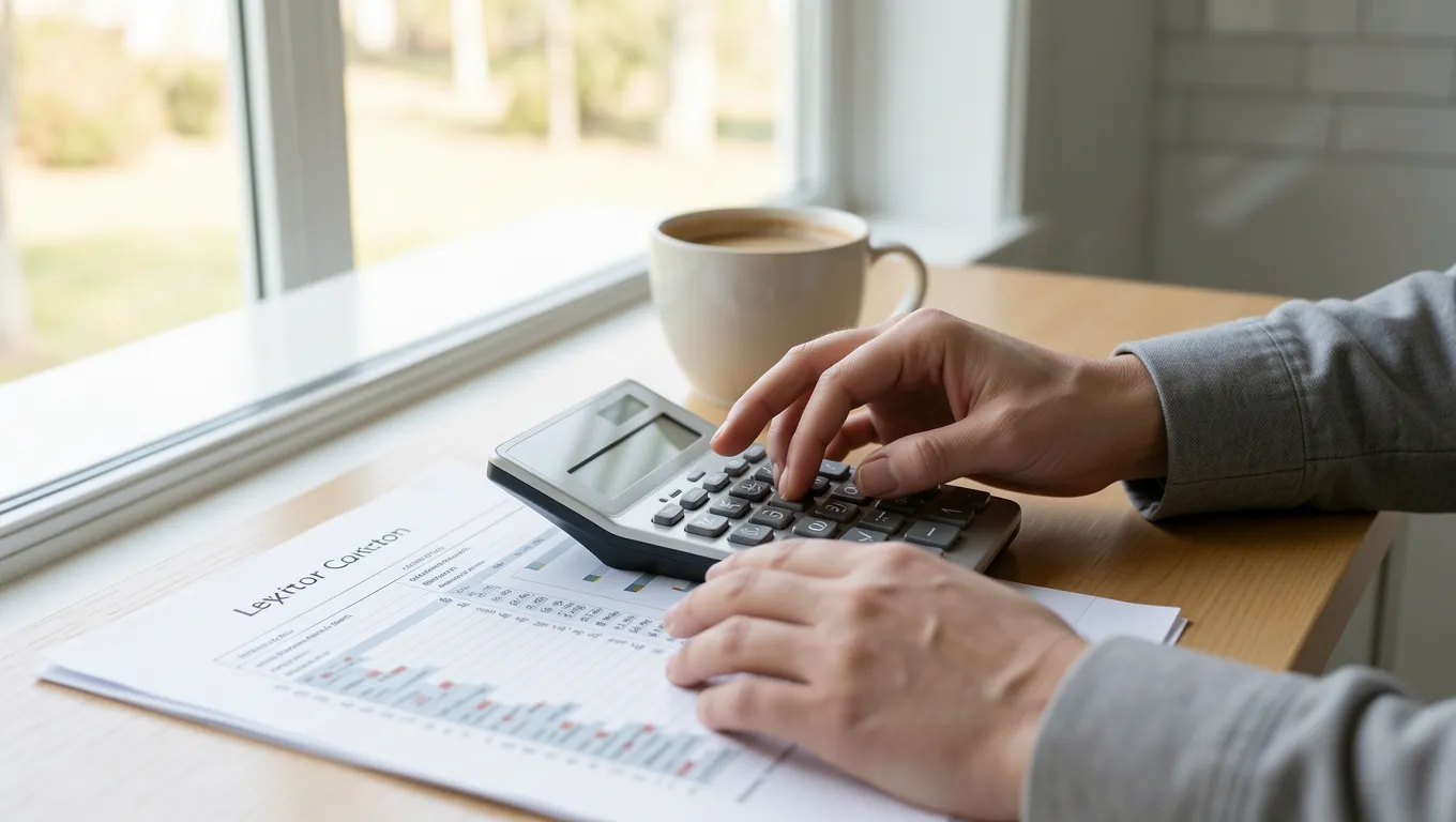 Person calculating monthly budget expenses at a sunny desk