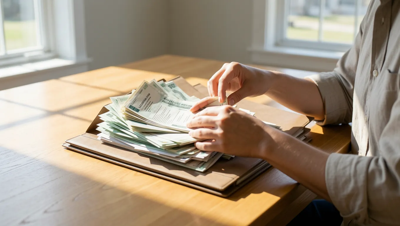Person organizing multiple high-interest bills to prepare for debt consolidation loans in Lexington, KY.
