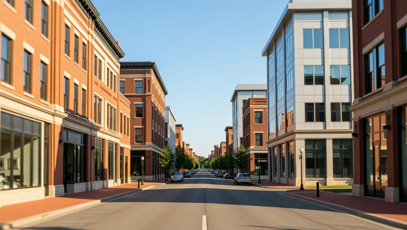 Sunlit street in downtown Lexington KY showing financial district architecture for no credit check loans Lexington, KY.
