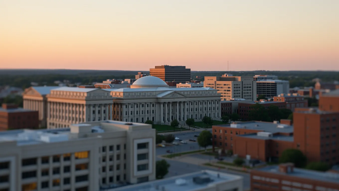 The beautiful Lexington Kentucky skyline showing various buildings during a peaceful sunset.